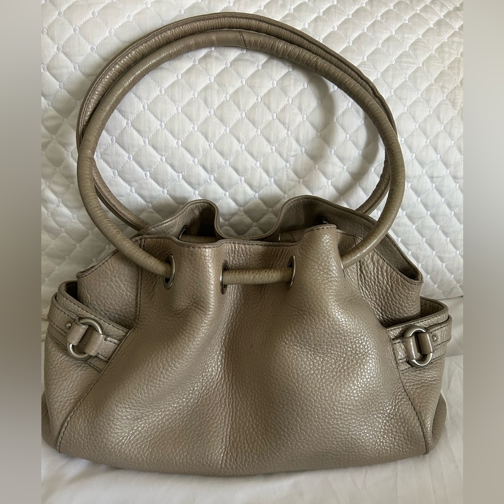 COLE HAAN Taupe Leather Drawstring Shoulder Bag